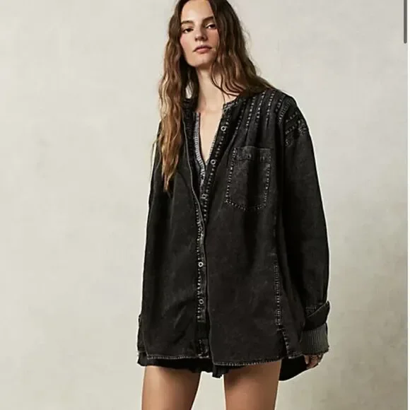 Free People Washed Black Oversized Jean Shirt Jacket - Picture 16 of 16